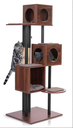 Stylish Wooden Cat Tower & Scratching Post - 60 Decor-Friendly, 48 Tall Post, 3-Level Condo for Multi-Cat Comfort