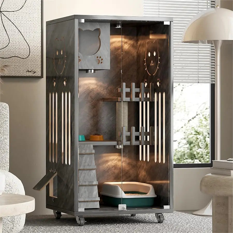 Large Wooden Cat House Scratcher Wheels Indoor Outdoor Ventilation Glass Doors 50X24X24, Customized