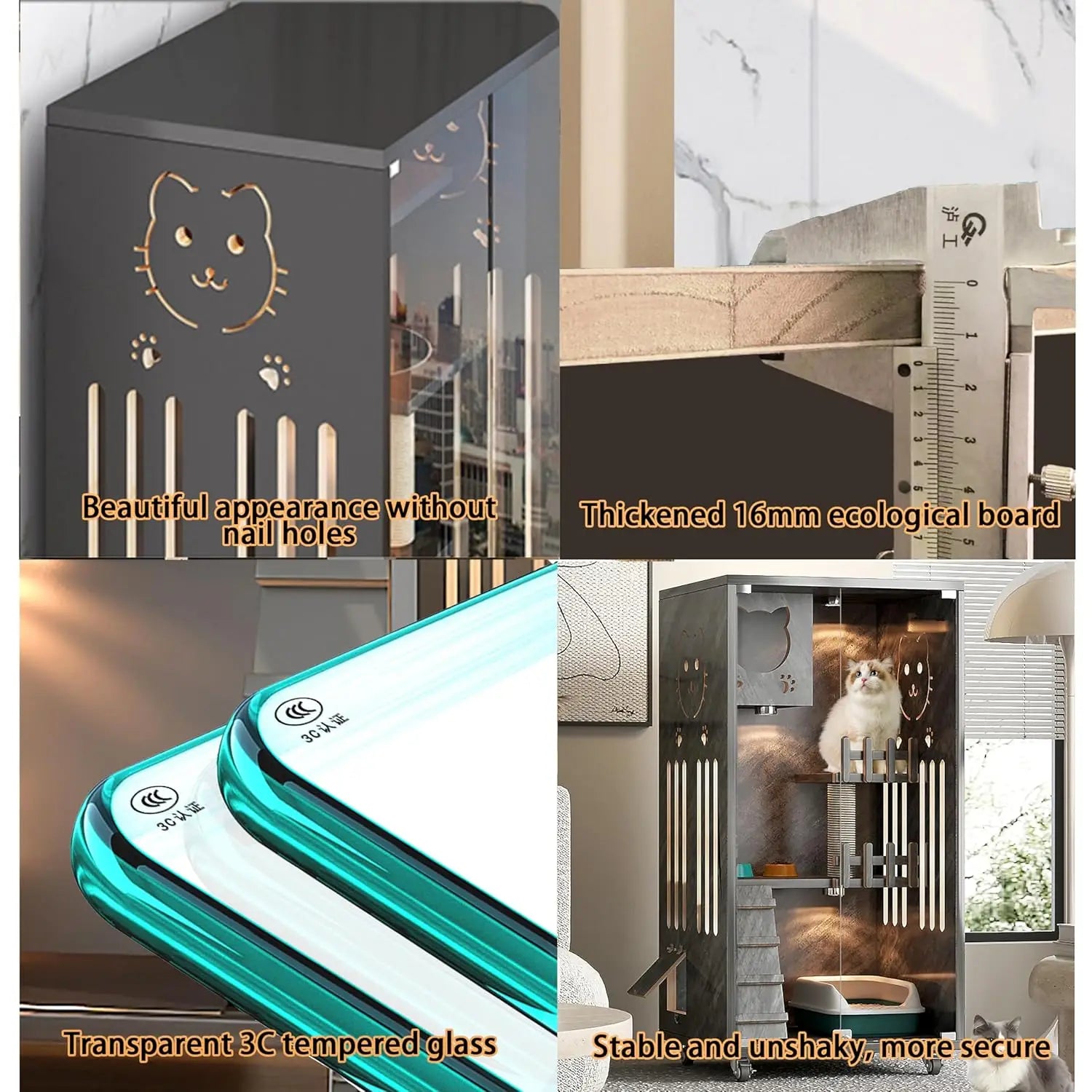 Large Wooden Cat House Scratcher Wheels Indoor Outdoor Ventilation Glass Doors 50X24X24, Customized
