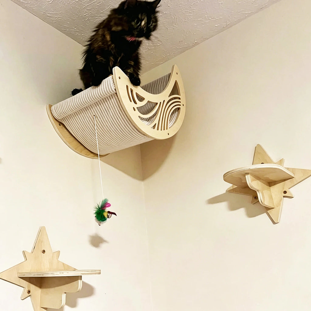 Wall-Mounted Cat Hammock Cat Tree Tower Scratching Post Star-Shaped Steps Ladder Kitten Hiding House Indoor Cats Playground