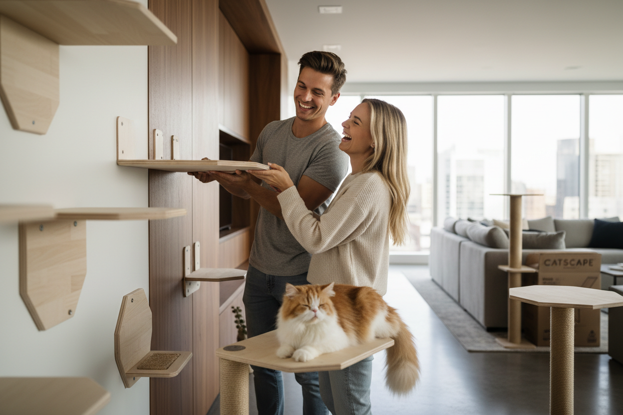 Couple Building Cat Shelves Together