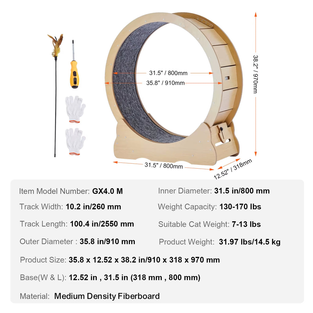 Succebuy Wooden Cat Exercise Wheel Large Cat Treadmill Wheel for Indoor Cat Running Wheel with Detachable Carpet& Cat Teaser