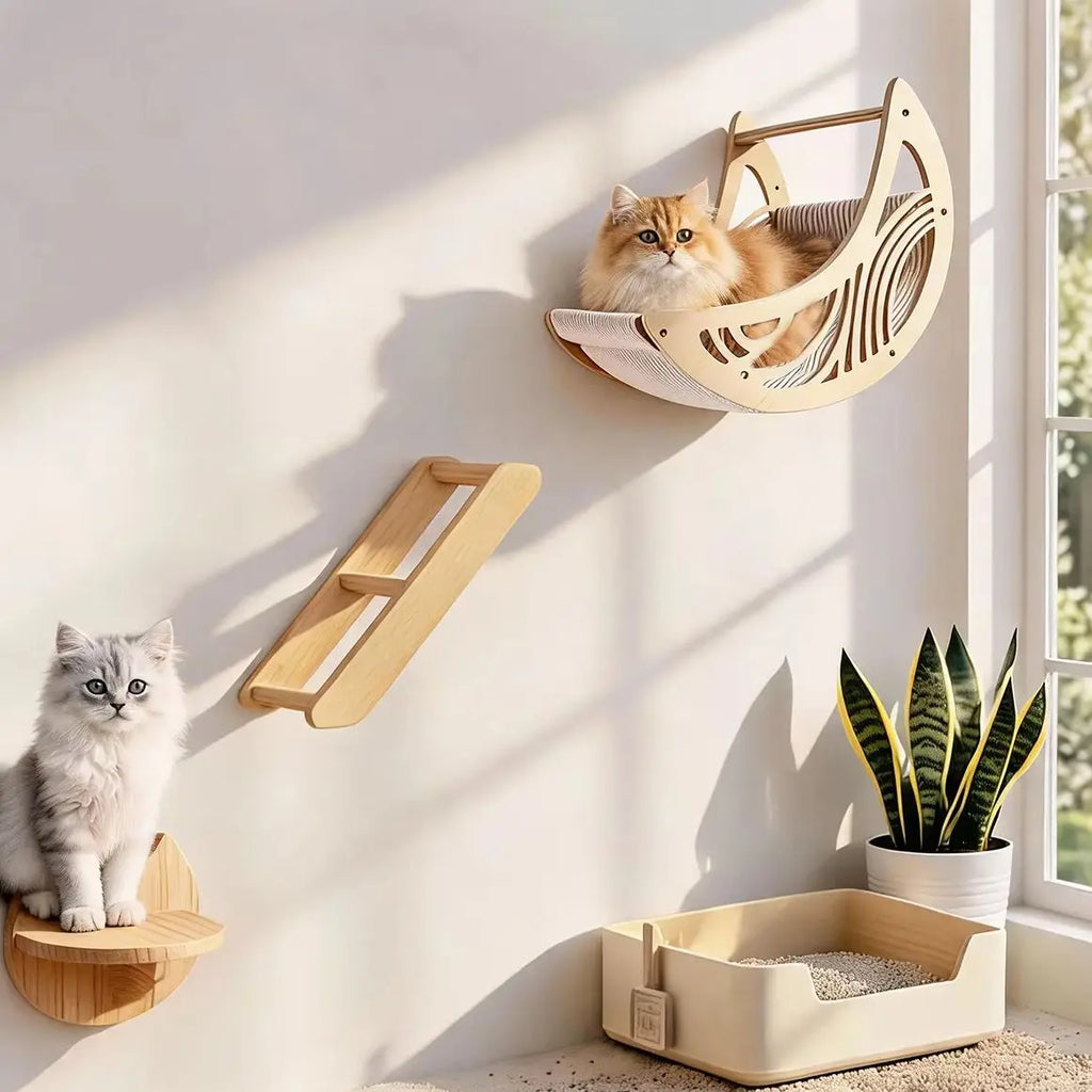Wall-Mounted Cat Hammock Cat Tree Tower Scratching Post Star-Shaped Steps Ladder Kitten Hiding House Indoor Cats Playground