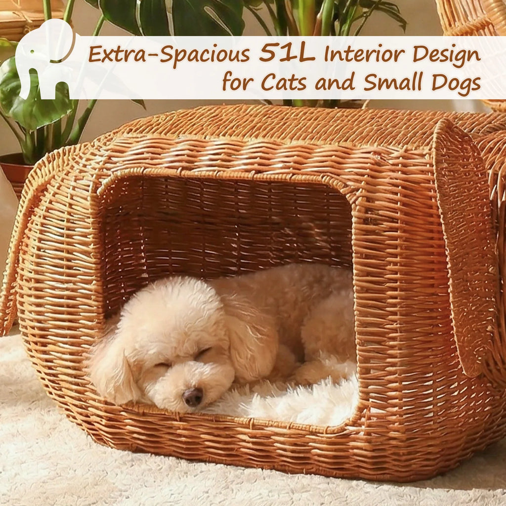 Elephant Cat Condo with Thick Plush Cushion Cute Handwoven Wicker Kitten House for Indoor Cats Natural Rattan Pet Beds Cat Nest