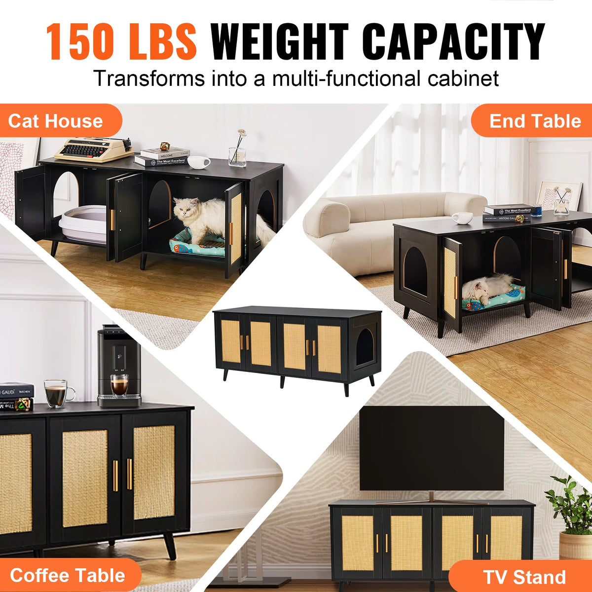 Cat Litter Box Enclosure for 2 Cats, Litter Box Furniture Hidden with Rattan Decorated Doors, Wooden Cat Box Cabinet Fit Most of Litter Box, 47.2L X 19.7W X 21.7H, Black