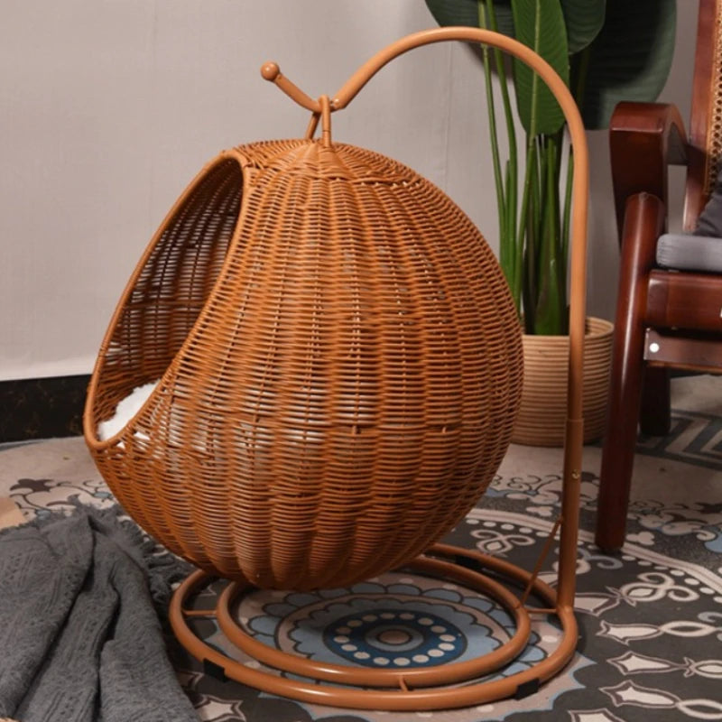 Rattan Hanging Cat Bed Soft Cushioned Cat Hammock Breathable Detachable Cats Beds Home Decor Swing Nest for Cats Small Dog