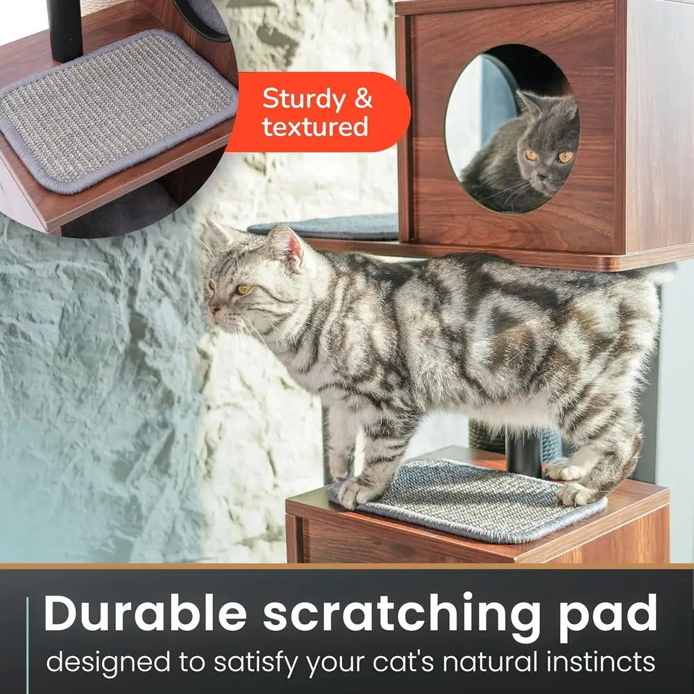 Stylish Wooden Cat Tower & Scratching Post - 60 Decor-Friendly, 48 Tall Post, 3-Level Condo for Multi-Cat Comfort