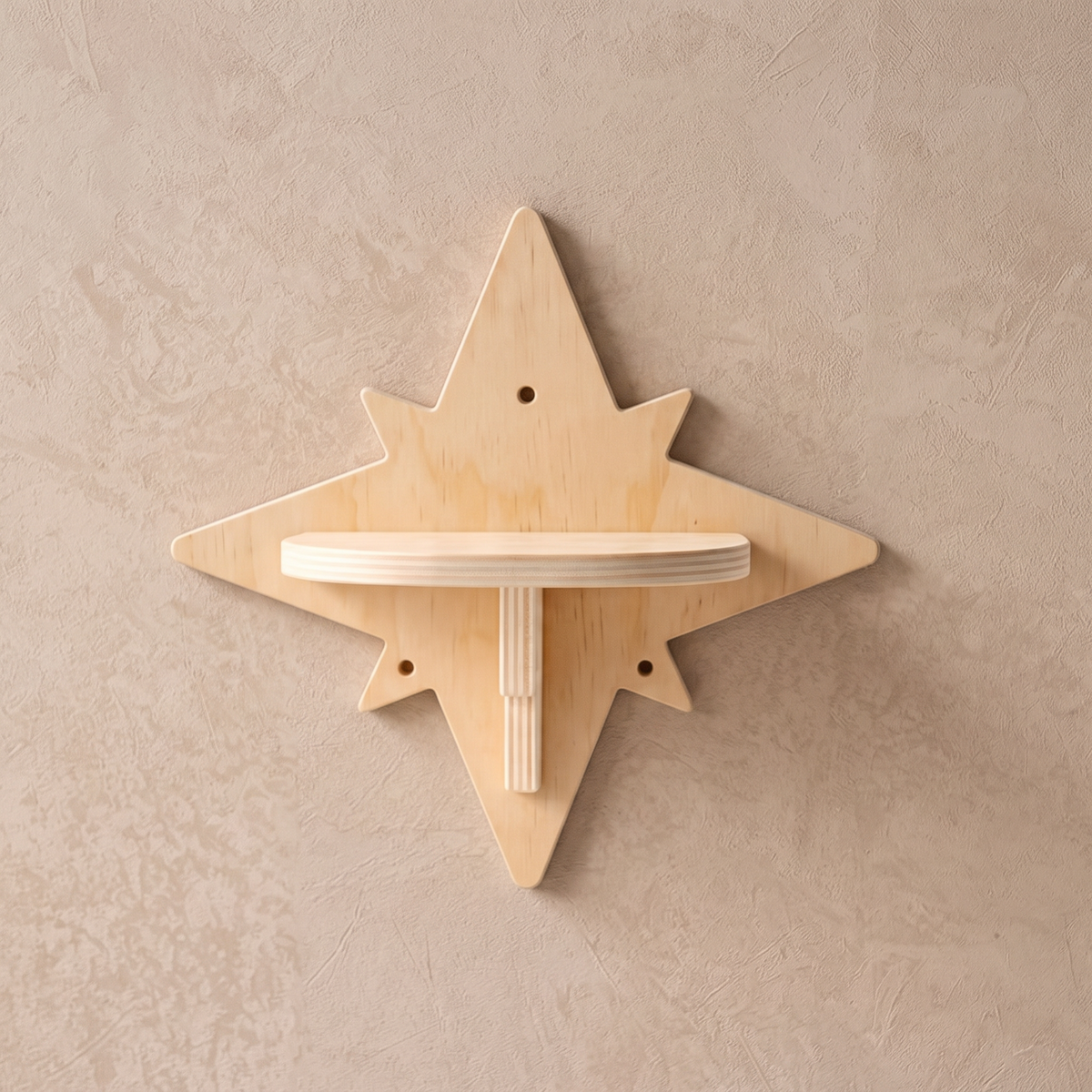 My Kitty City star-shaped solid wood wall-mounted cat climbing step with a natural grain finish on a textured wall.