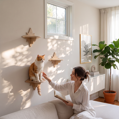 My Kitty City Celestial Star Step solid wood wall-mounted cat perch with a ginger cat sitting on it in a bright room