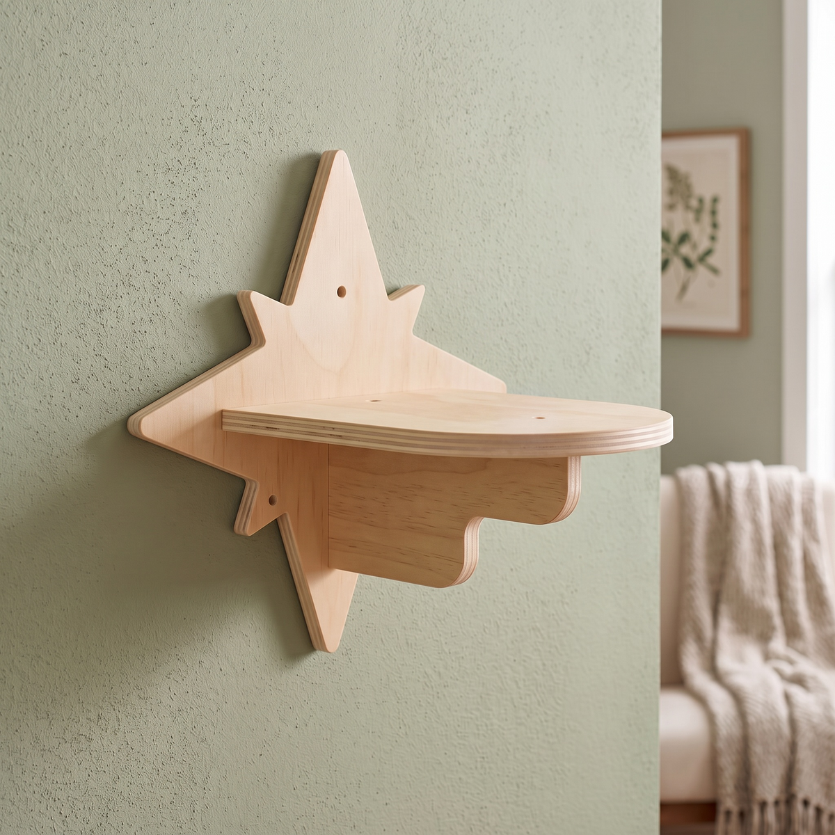 My Kitty City star-shaped solid wood wall-mounted cat climbing step with a natural grain finish on a green wall.