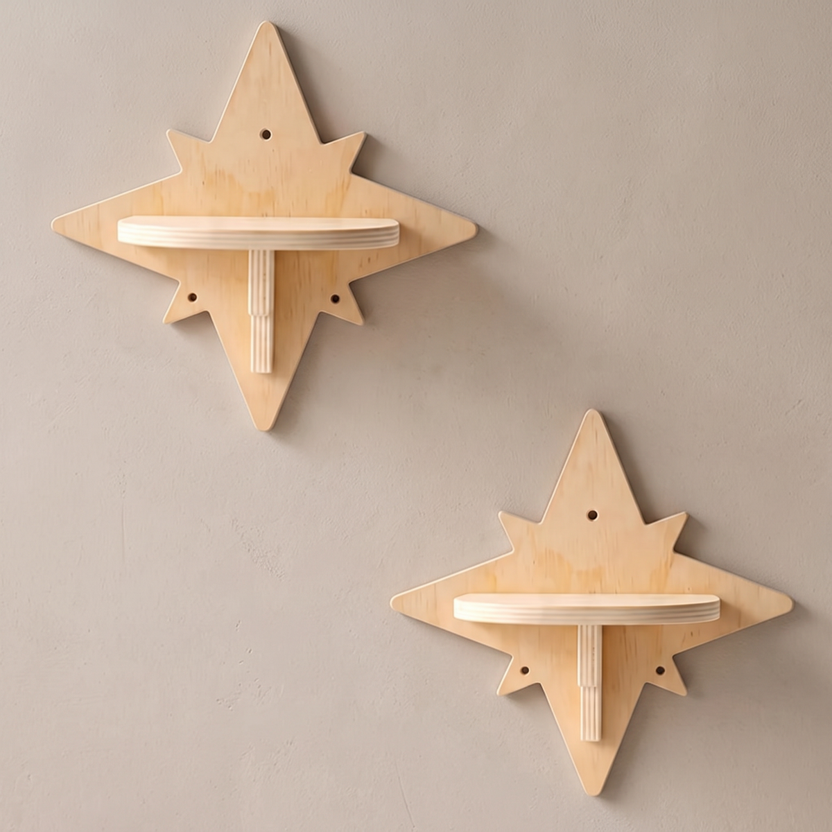 My Kitty City Celestial Star Step solid wood wall-mounted cat climbing shelves in a natural light wood finish.