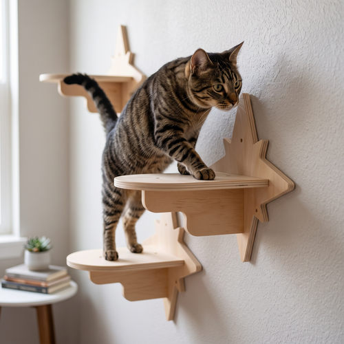 My Kitty City Celestial Star Step solid wood wall-mounted cat climbing platform with a tabby cat stepping on it.
