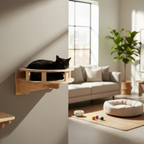 My Kitty City wall mounted wooden cat bed with a black cat sleeping inside, installed on a living room wall.