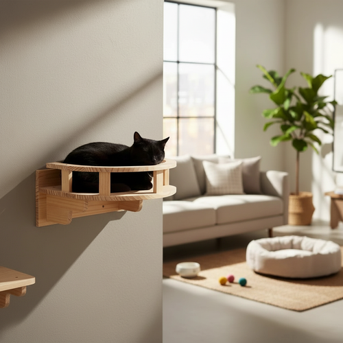 My Kitty City wall mounted wooden cat bed with a black cat sleeping inside, installed on a living room wall.
