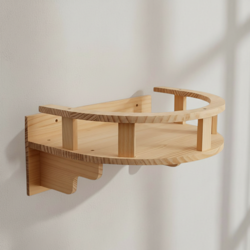 My Kitty City wall-mounted wooden cat shelf with a curved railing for resting and climbing in a natural wood finish.