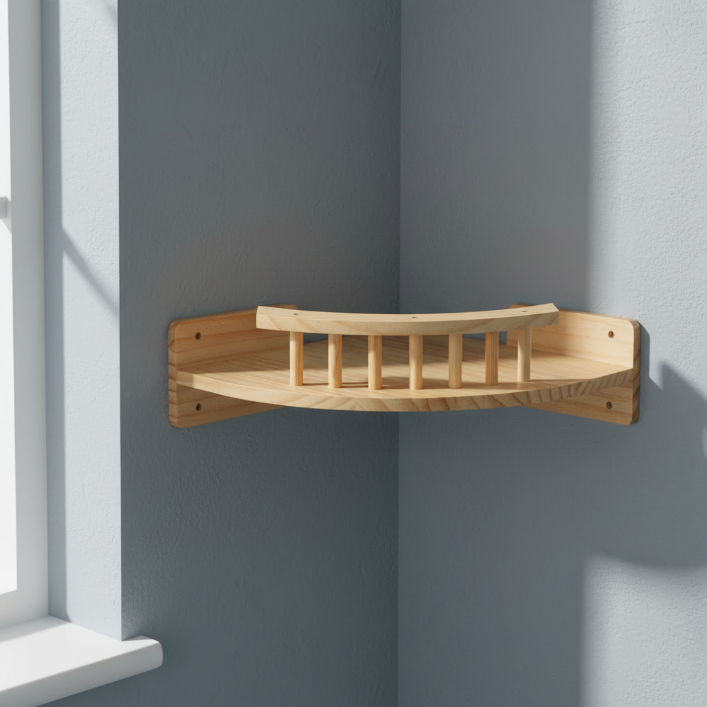 My Kitty City wall-mounted wooden corner cat shelf with a protective railing for resting and climbing.
